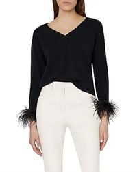 MILLY - Feather Cuff V-Neck Sweater - Lyst