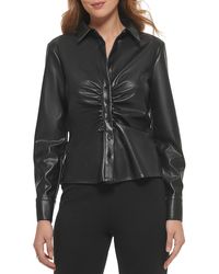 DKNY - Faux Leather Ruched Button-down Top - Lyst