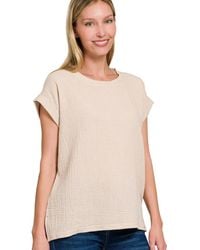 TRUEDAMES - Double Gauze Round Neck Folded Short Sleeve Top - Lyst