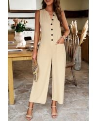 TRUEDAMES - V Neck Button Sleeveless Wide Pockets Jumpsuit - Lyst