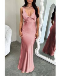 TRUEDAMES - Solid Deep V Neck Low Back High Waist Full Dress - Lyst