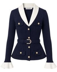 Self-Portrait - Ribbed Knit Cardigan With Contrast Collar And Pearl Accents - Lyst