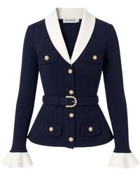 Self-Portrait - Ribbed Knit Cardigan With Contrast Collar And Pearl Accents - Lyst