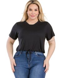 Fashnzfab - Plus Size Tie Front Drawstring Short Sleeve Crop Top - Lyst