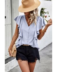 TRUEDAMES - Solid Button Ruffle V Neck Fit Blouse - Lyst