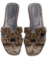 Hermès - Hermes Oran H Logo Signature Leopard Print Leather Sandals - Lyst