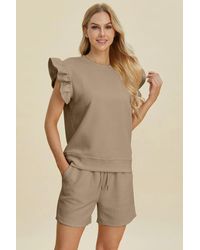 TRUEDAMES - Full Size Texture Round Neck Ruffle Sleeve Top And Shorts Set - Lyst