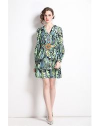 Kaimilan - Black & Green Floral Print Day A-line V-neck Long Sleeve Short Dress - Lyst