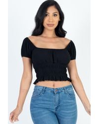 TRUEDAMES - Casual Ruched Puff Sleeve Ribbed Knit Solid Top - Lyst