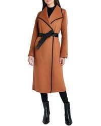Tahari - Tahari Juliette Double Face Wool Belted Coat With Faux Leather Trim Caramel - Lyst