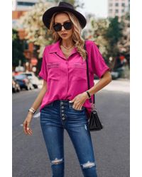 TRUEDAMES - V Neck Button Down Roll Up Sleeve Loose Pocket Blouse - Lyst