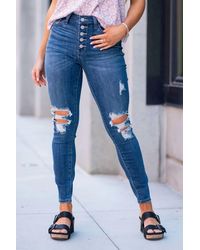 Judy Blue - High Waist Button Fly Distressed Skinny Jeans - Lyst