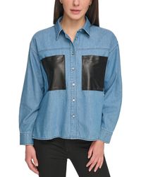 DKNY - Faux Leather Pockets Long Sleeves Button-down Top - Lyst