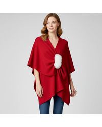 TRUEDAMES - Fur Strap Trim Solid Knit Ruana Poncho - Lyst