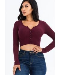 TRUEDAMES - Ribbed Long Sleeve Snap Button Down Crop Top - Lyst