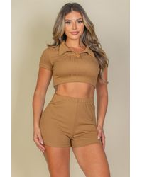 Fashnzfab - Ribbed Collared Short Sleeve Crop Top & Shorts Set - Lyst