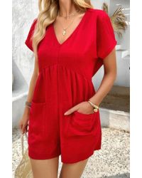 TRUEDAMES - Solid Deep V Neck Drop Shoulder Loose Pockets Romper - Lyst