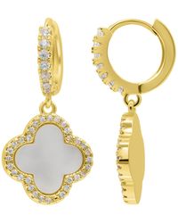 Adornia - 14k Gold Plated Crystal Halo White Mother-of-pearl Clover Dangle huggie Earrings - Lyst