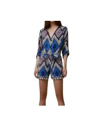 Yumi Kim - Geometric Print V Neck Rolled Cuff Silk Romper - Lyst