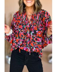 TRUEDAMES - Dahlia Abstract Floral Shirred Detail Puff Sleeve Blouse - Lyst