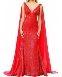 Ava Presley - Fitted Sequin Evening Gown With Cascading Sash - Lyst