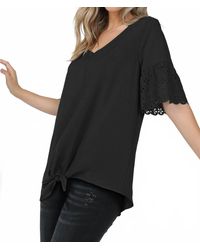 shop basic - Laser Cut Short Sleeve V Neck Top With Tie - Lyst