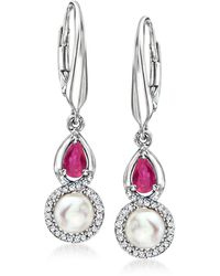 Ross-Simons - 5-5.5mm Cultured Pearl And . Ruby Drop Earrings With . Diamonds - Lyst