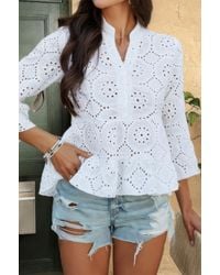 TRUEDAMES - Solid Half Button Flounce Sleeve Peplum Blouse - Lyst