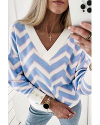 TRUEDAMES - Zigzag Striped Print V Neck Oversized Top - Lyst