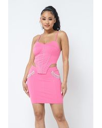 TRUEDAMES - Rhinestone Detailed Strappy Cropped Top With Matching Rhinestone Pocket Detail Mini Skirt - Lyst