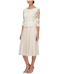 Alex Evenings Midi Length Embroidered Cap Sleeve Dress With