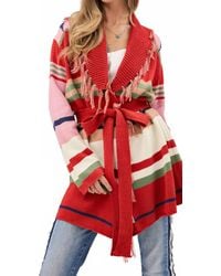 Davi & Dani - Fringe Trim Waist Tie Belt Striped Cardigan - Lyst