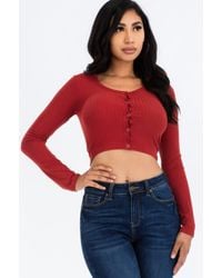 TRUEDAMES - Ribbed Long Sleeve Snap Button Down Crop Top - Lyst