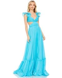 Mac Duggal - Ruched Ruffled Shoulder Cut Out Lace Up Gown - Lyst