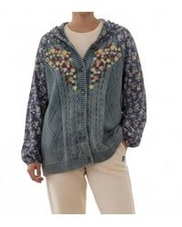 Pol - Embroidered Cable Knit Floral Hoodie Cardigan - Lyst