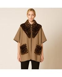 TRUEDAMES - Leopard Print Fur Trim Collar Pockets Zipper Front Kimono Poncho - Lyst