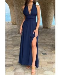 TRUEDAMES - Halter V Neck Solid High Slit Bow Tie Maxi Dress - Lyst