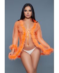 TRUEDAMES - Elegant Sheer Chiffon Robe With Fur Accents - Lyst