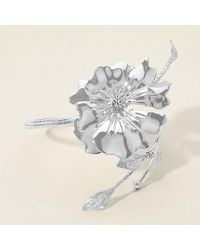Fashnzfab - Textured Metal Flower Leaves Tip Wire Arm Cuff Bracelet Rhodium - Lyst