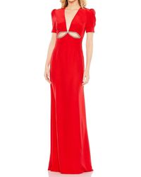 Ieena for Mac Duggal - Plunge Neck Puff Sleeve Cut Out Gown - Lyst