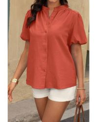 TRUEDAMES - Button Down Lantern Puff Short Sleeve V Neck Top - Lyst