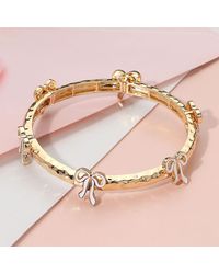 Fashnzfab - Enamel Bow Accent Hammered Metal Bar Beaded Stretch Bracelet - Lyst