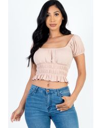 TRUEDAMES - Casual Ruched Puff Sleeve Ribbed Knit Solid Top - Lyst