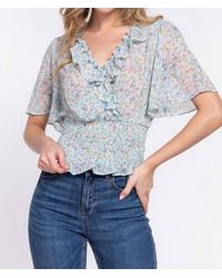 Active Basic - Flutter Sleeve V-Neck With Ruffle Smocked Waist Chiffon Top - Lyst
