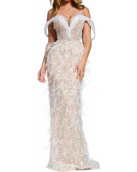 Jovani - Feathered Plunge Gown With Dazzling Embellishments - Lyst