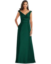 Alfred Sung - Off-the-shoulder Draped Wrap Satin Maxi Dress - Lyst