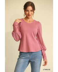 TRUEDAMES - Solid Knit And Chiffon Mixed Top With Puff Long Sleeve - Lyst