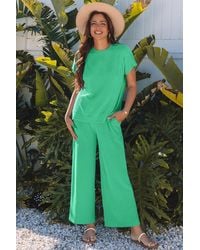 TRUEDAMES - Solid Corded Knit Short Sleeve T Shirt And Wide Leg Pants Set - Lyst