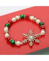 Fashnzfab - Stone Paved Snowflake Charm Holiday Pearl Beaded Stretch Bracelet - Lyst