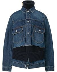 Sacai - Layered Denim And Wool Knit Jacket With Cropped Effect - Lyst